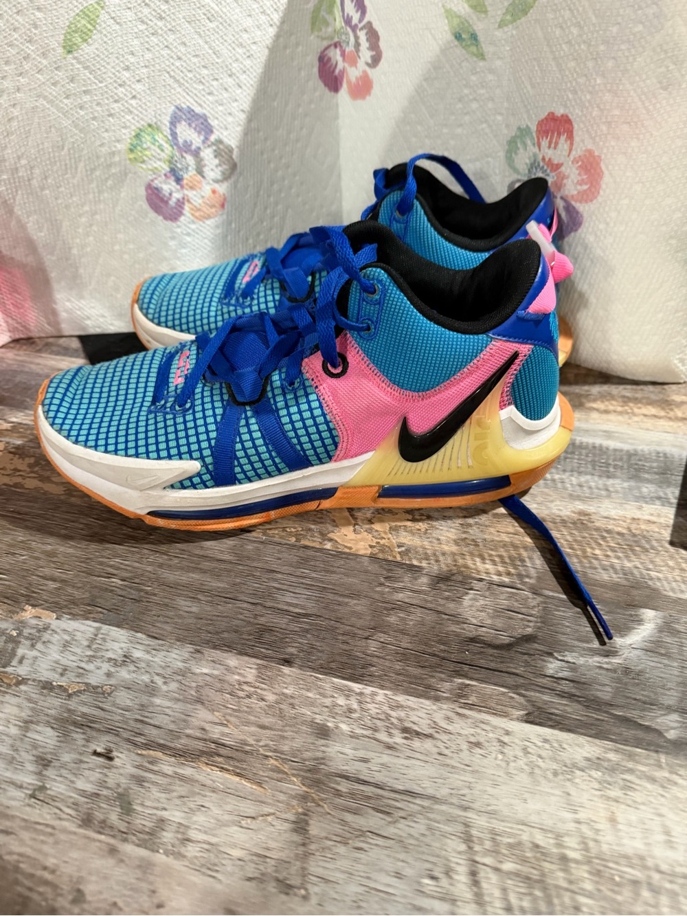 Nike LeBron Witness VllBlue and Pink Men's Athletic Sneakers with Yellow Accents
